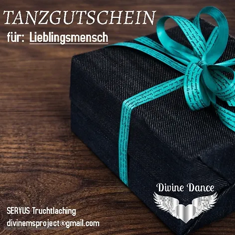 Geschenk mit blauer Schleife. Tanzgutschein für beliebigen Namen. Servus Truchtlaching divinemsproject@gmail.com